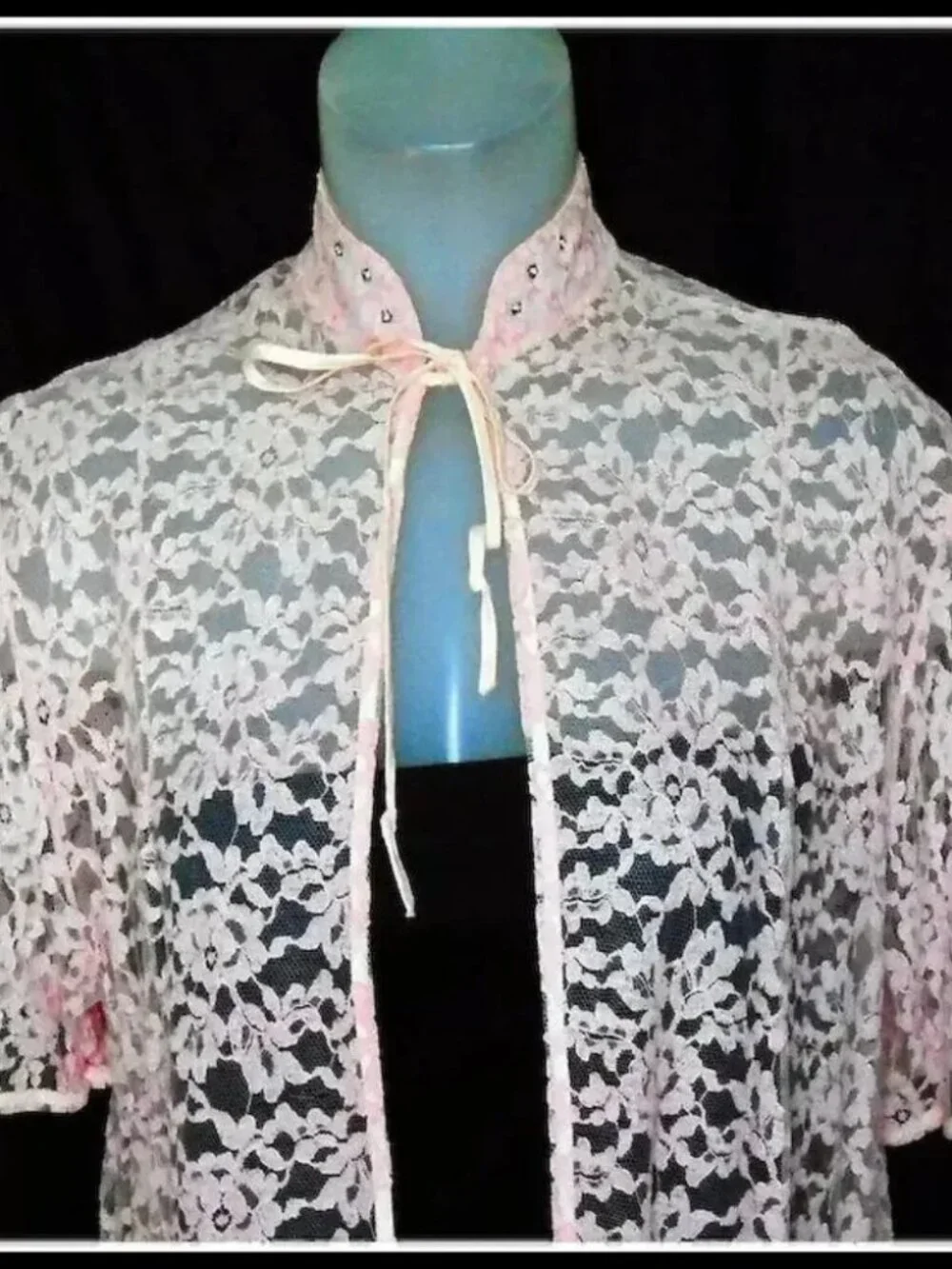 Vintage Bed Jacket Pink Lace, Rhinestones 40s Coquette Soft Girl, Hi-Low!